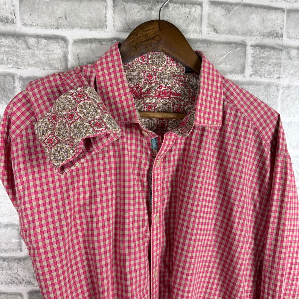 Robert Graham Mens Pink Gingham Paisley Trim Button Down Shirt 2XL Long Sleeve